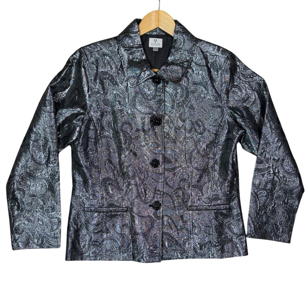 Chico's Paisley Brocade Jacket Women‎ 2 Silver Metallic Iridescent Button Blazer